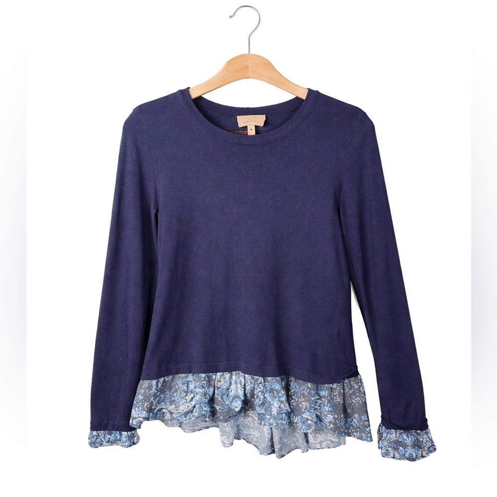 Kachel Anthropologie Blue Ruffle Hem Blouse Size 6 Floral Trim Peplum Top Chic